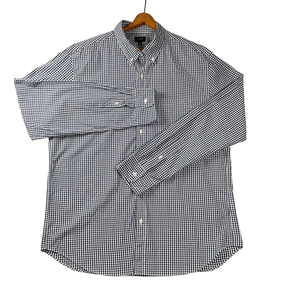 J.Crew Button Down Shirt Mens XL Navy Blue Gingham Plaid Cotton Long Sleeve
